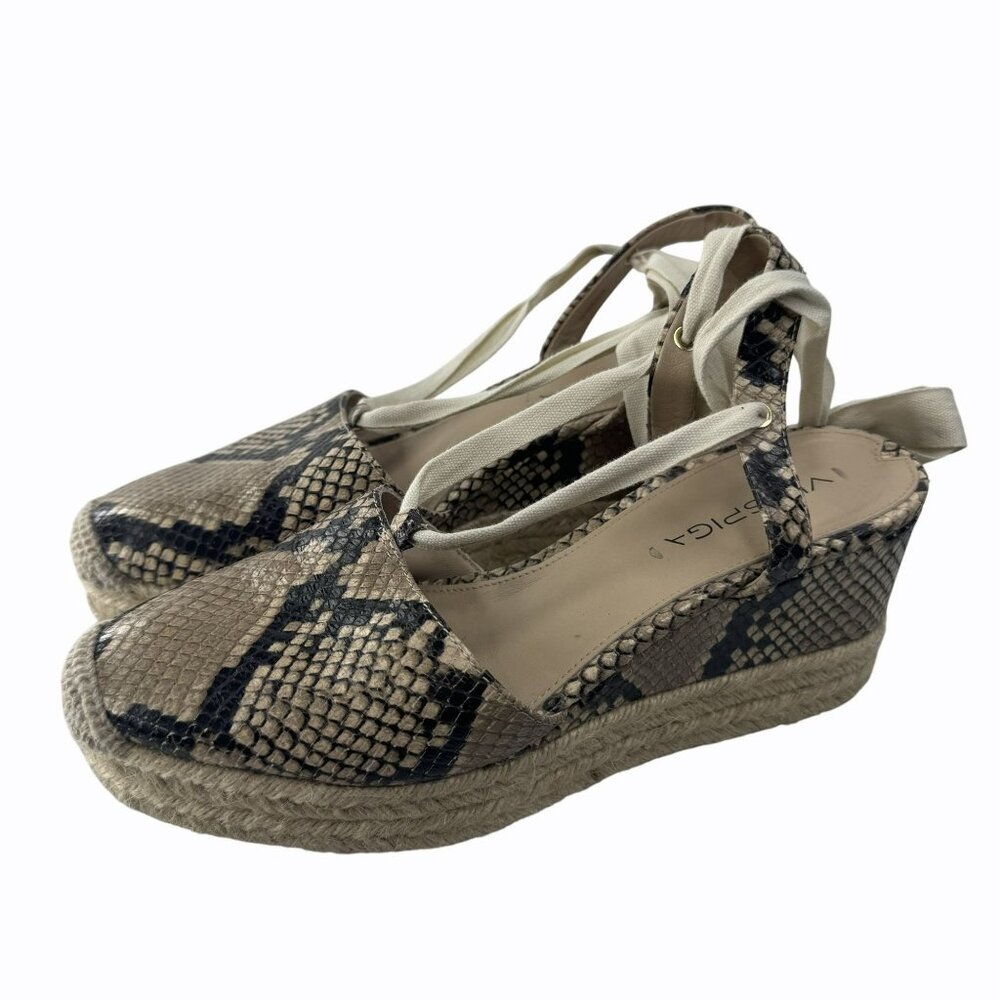 Via‎ Spiga Snakeskin Espadrille Wedge Sandals Womens Size 8 Beige & Black Canvas